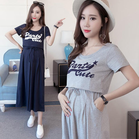Maternity Nursing Dresses Fashion Short Sleeve Breastfeeding Tops Mid Long-TB00595-Veeddydropshipping