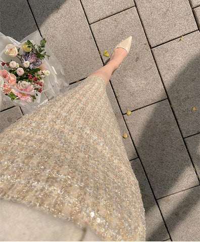 Tweed Skirt Office Lady Mid-length High Waist Skirt-WF00357-Veeddydropshipping