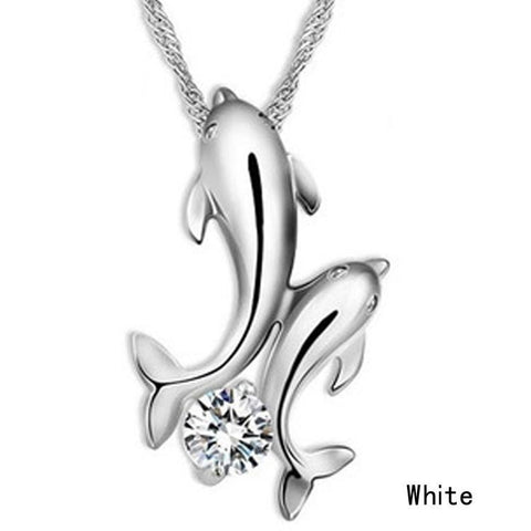 King Double Dolphin Rhinestone Pendant Necklace-JW01171-Veeddydropshipping