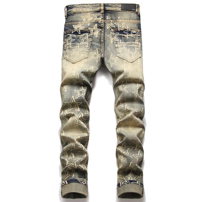 Ripped Jeans Male Scraped Off 3D Star Print Soft Casual-MF00573-Veeddydropshipping