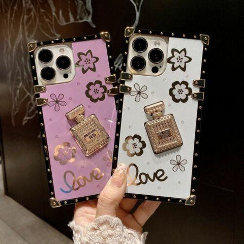iPhone 14 13 12 11 XS XR 8 Case Rhinestone Flower 3D Perfume Bottle Square Cover-PA00168-Veeddydropshipping