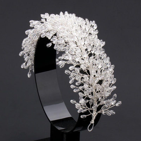 white crystal handmade beaded rhinestone bridal crown  -JW00465-Veeddydropshipping