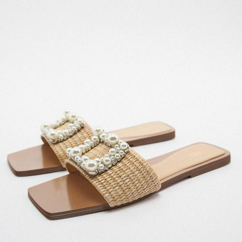 Woven Strap Autumn Front Pearl Slippers Woman Squared-BS00855-Veeddydropshipping