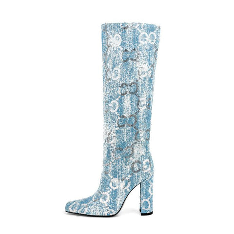 Knee Length Women&#39;s Boots Fashion Sequins Denim-BS00971-Veeddydropshipping