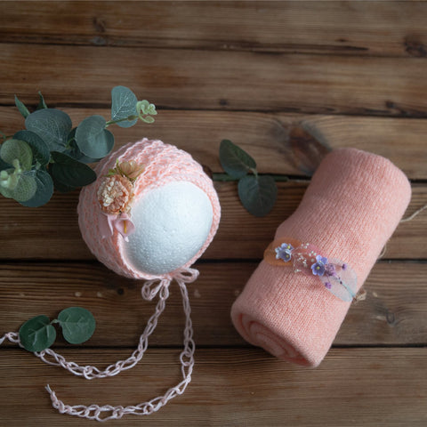 Newborn Mohair Stretch Knit Wrap Hat And Headband Set Photography Props Baby-TB00767-Veeddydropshipping