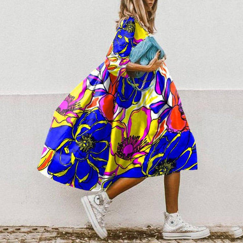 O Neck Half Sleeve Floral Printed  A-Line Dresses-WF00093-Veeddydropshipping