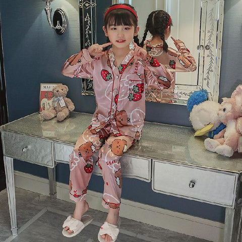 V -neck Kids Pyjamas Set Silk Satin Tops Pant Spring Autumn Childrens-TB01049-Veeddydropshipping