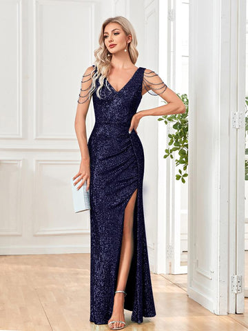 Women Elegant V-Neck Sequins Party Dress-WF01587-Veeddydropshipping