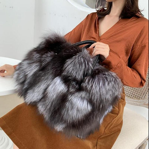 Silver Fox Fur Handbags Genuine Cowhide Hard Handle Big Handbag Full-pelt-BS00056-Veeddydropshipping