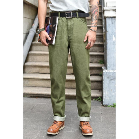 Saucezhan Men Jeans Vulcanization Olive Green 107 Selvedge Denim-TB01283-Veeddydropshipping