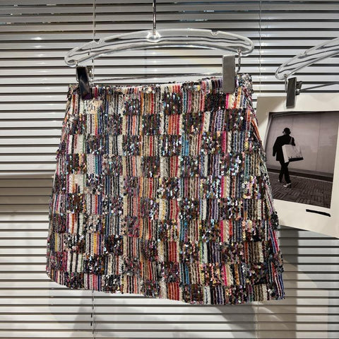 Sequins Striped Tweed Short Skirt Women-WF00568-Veeddydropshipping