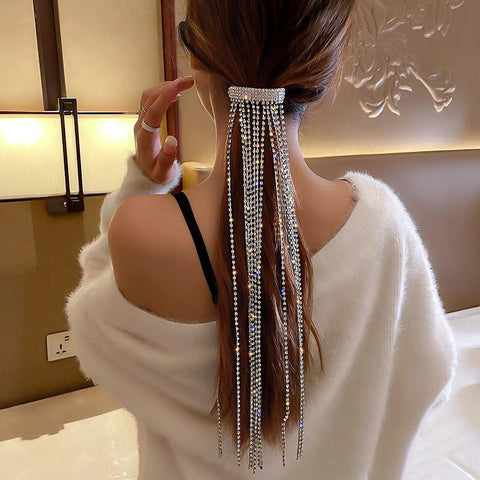 Shine Full Rhinestone Bijoux Long Tassel Crystal Hair Barrettes  -JW00448-Veeddydropshipping