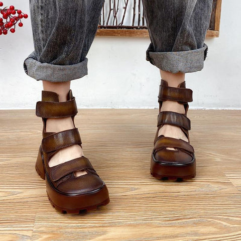 Leather Women Shoes Square Toe Hollow Out Platform Boots-BS01020-Veeddydropshipping