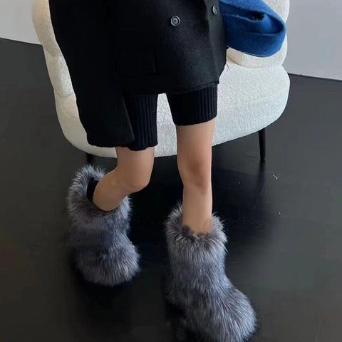 Furry Faux Fox Fur Boots Woman Plush Warm Platform Shoes-BS00982-Veeddydropshipping