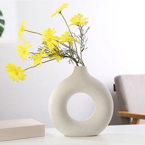 Nordic Vase Circular Hollow Ceramic Donuts Flower Pot-HA00297-Veeddydropshipping
