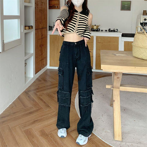 Women Streetwear Cargo High Waist Loose Straight Pants-WF00397-Veeddydropshipping