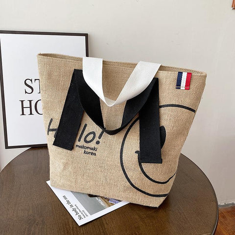 Woman Cute Cotton and Linen Printed Casual Shopping Bag Large-BS00226-Veeddydropshipping