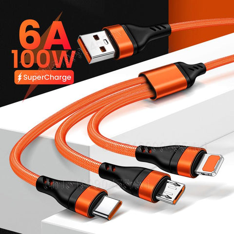 6A 3 in 1 SuperCharging Cable Micro USB Type-C Fast Charger Micro USB Type-C Data Cable-PA00436-Veeddydropshipping