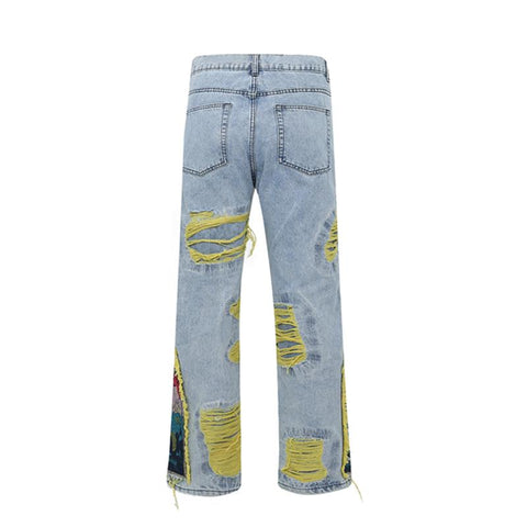 Mens Hole Embroidery Baggy Casual Denim Trousers Unisex-MF00585-Veeddydropshipping