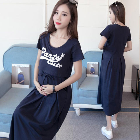 Maternity Nursing Dresses Fashion Short Sleeve Breastfeeding Tops Mid Long-TB00595-Veeddydropshipping