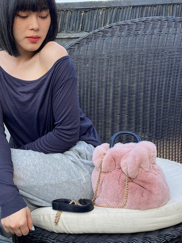 rabbit fur female bag portable fur real hair rabbit hair aslant leopard package-BS00058-Veeddydropshipping
