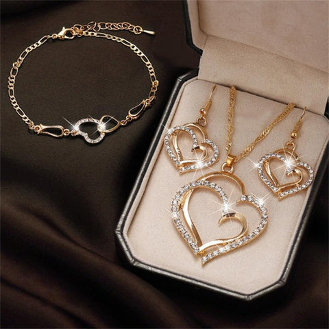Double Heart Necklace Earrings Bracelet Jewelry Set  -JW00327-Veeddydropshipping