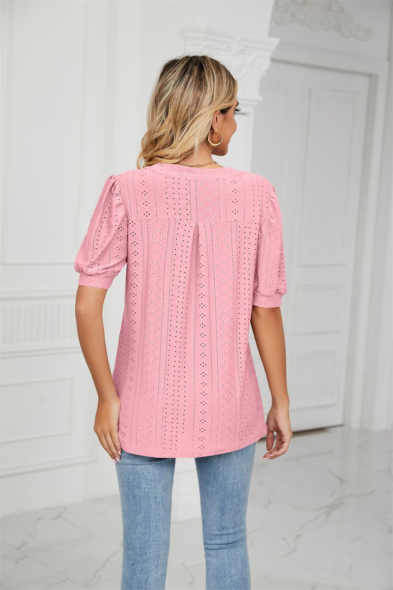 Hollow Out V Neck T-Shirt Women Puffy Sleeve-Veeddydropshipping