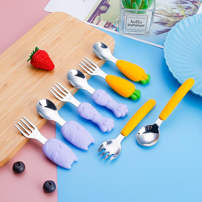 Silicone Baby Spoon Forks Set Cartoon Cat Shaped Dishes for Baby-TB00720-Veeddydropshipping