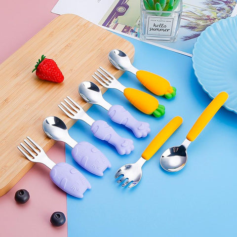 Silicone Baby Spoon Forks Set Cartoon Cat Shaped Dishes for Baby-TB00720-Veeddydropshipping