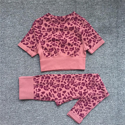2023 Women Fashion Sexy Leopard Printed 2 PCS Yoga Set Gym Shockproof Sports -OS00703-Veeddydropshipping