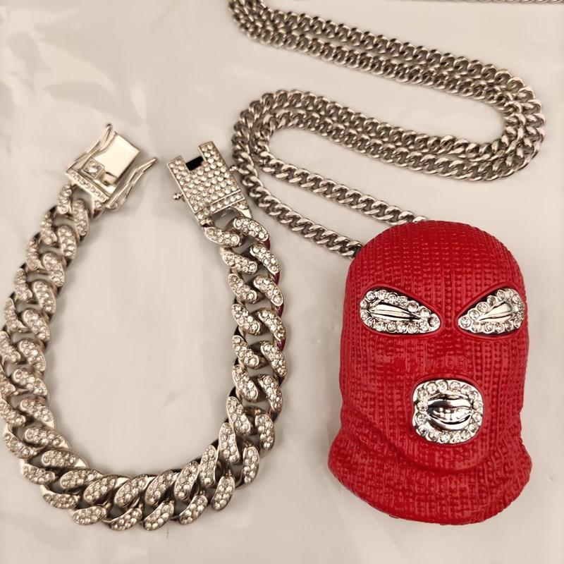 Men Hip hop iced out bling mask pendant and cuban bracele -JW00250-Veeddydropshipping