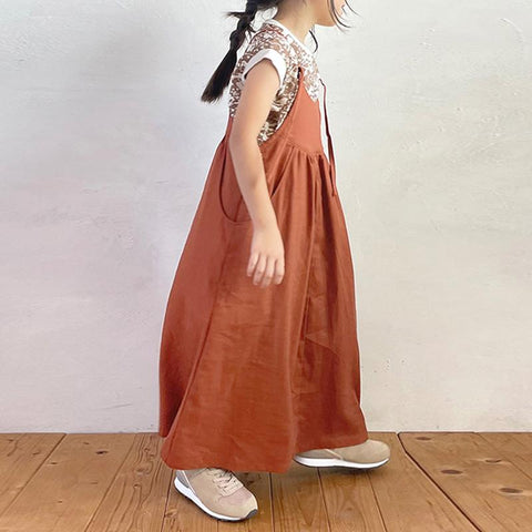 Retro Brick Orange Cotton And Linen Suspender Dress For Girls Summer-TB00875-Veeddydropshipping