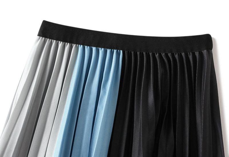 Women Block Pleated Long Skirt Elastic Waist-Veeddydropshipping