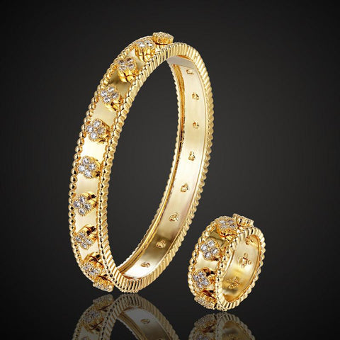 jewelry Classic  zirconia Four-leaf Flower Bracelet Ring set  -JW00361-Veeddydropshipping