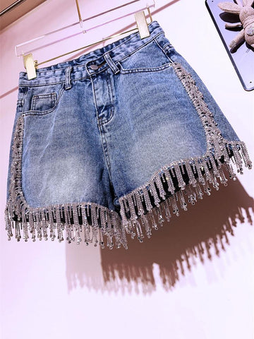 High End Rhinestone Fringed High Waist Denim Shorts-WF00556-Veeddydropshipping