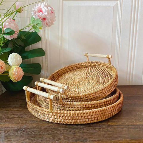 Round Rattan Storage Tray with Wooden Food Storage-HA00938-Veeddydropshipping