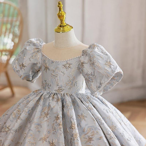 Baby Girl Princess Pearl Beading Satin Dress Puff Sleeve Child Vintage-TB00862-Veeddydropshipping
