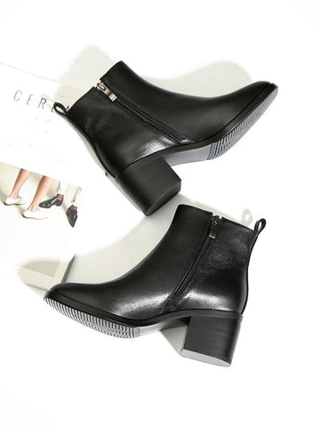 Thick-heeled  boots women leather single boots square toe short-BS01034-Veeddydropshipping