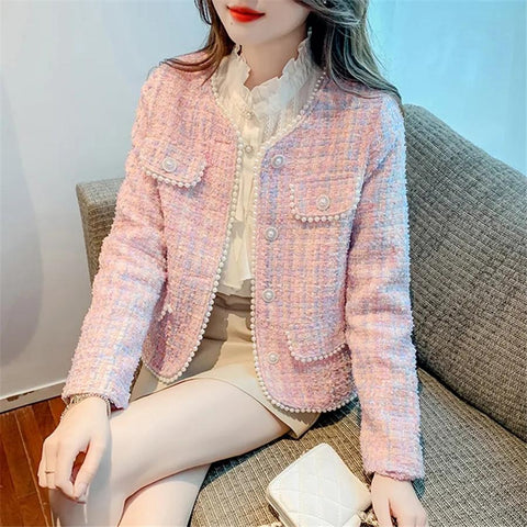 Pearls Vintage Cropped Tweed Jacket Women Korean Fashion-Veeddydropshipping
