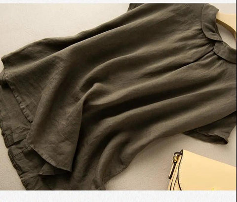 Short-sleeved Cotton Top Vintage Turn-down Collar Solid Shirt-Veeddydropshipping
