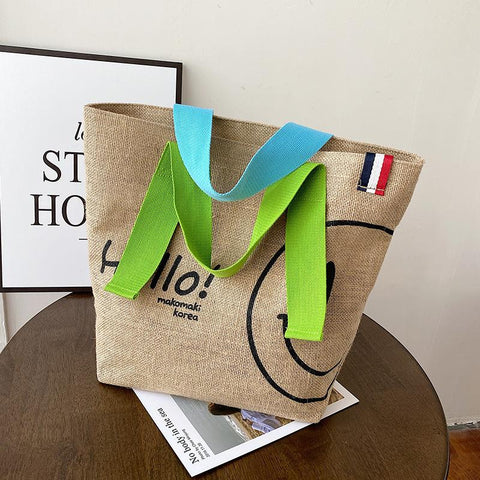 Woman Cute Cotton and Linen Printed Casual Shopping Bag Large-BS00226-Veeddydropshipping