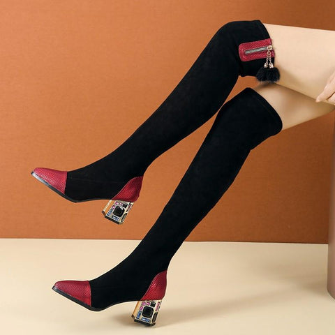 Stretch Fabric Rhinestone High-heeled Boots Winter Sexy-BS00924-Veeddydropshipping