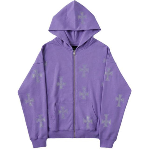European Loose Top Cross Ironing Zipper Hooded Sweater-WF00059-Veeddydropshipping