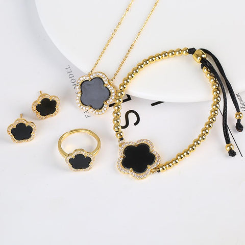 Five-leaf Flower Pendant Necklace Earring Ring Jewelry Set -JW00216-Veeddydropshipping