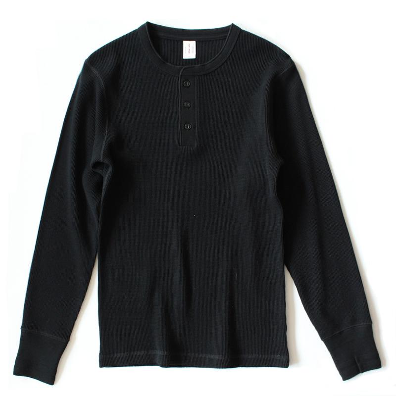 Thick American vintage khaki sweater shirt Waffle cotton Henry collar long sleeve-Veeddydropshipping