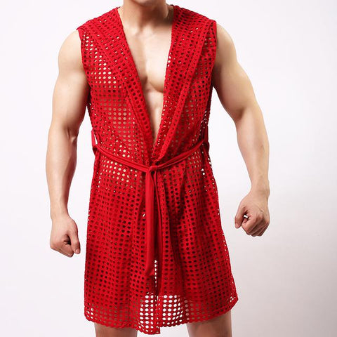 Sexy Men Mesh Bathrobe Sleepwear Short Sleeve Bath Robe Sleep-MF01624-Veeddydropshipping