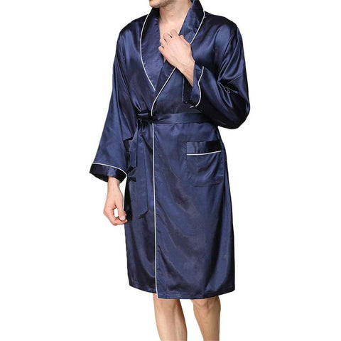 with Belt Adults Contrast Color Long Sleeve V-neck Night Robe with-MF01663-Veeddydropshipping
