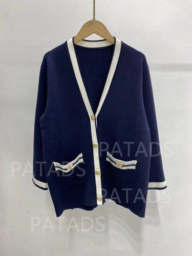 Women Contrast Trim Metal Button Knitted Cardigan-Veeddydropshipping