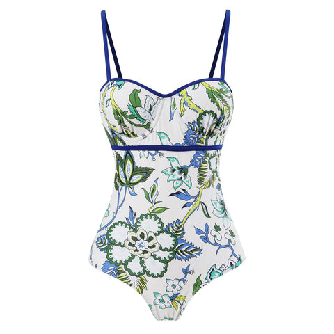 Blue And White Porcelain Tummy Control Underwire Swimsuit Push Up Women Swimwear -OS00139-Veeddydropshipping