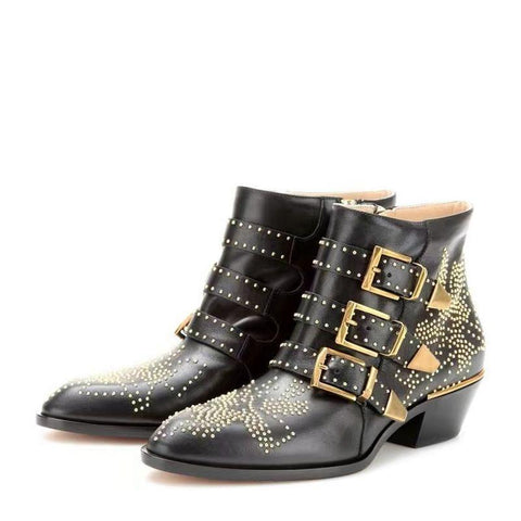 Round Toe Rivet Flower Short Boots Cowhide Thick Heel Low New-BS00985-Veeddydropshipping